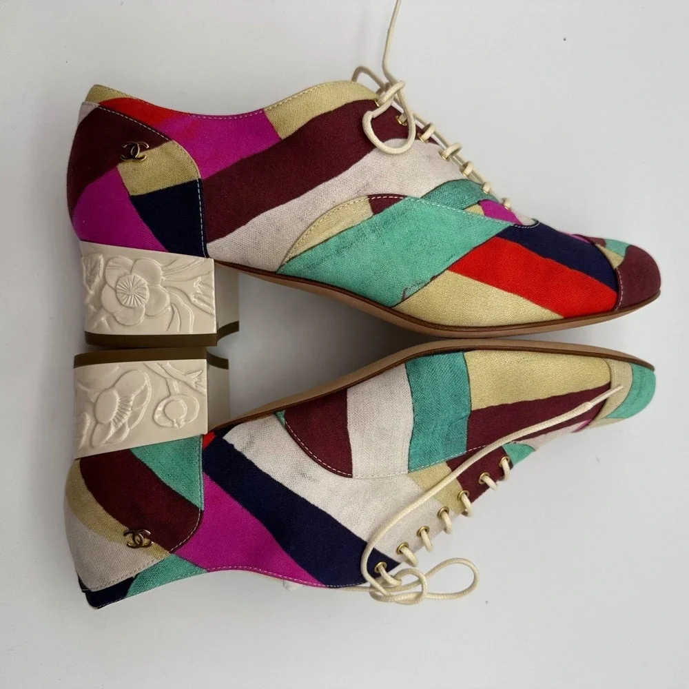 NEW CHANEL‎ BROGUES SHOES CAMELIA G HEELS MULTI COLOR CANVAS G31468 Size 38.5